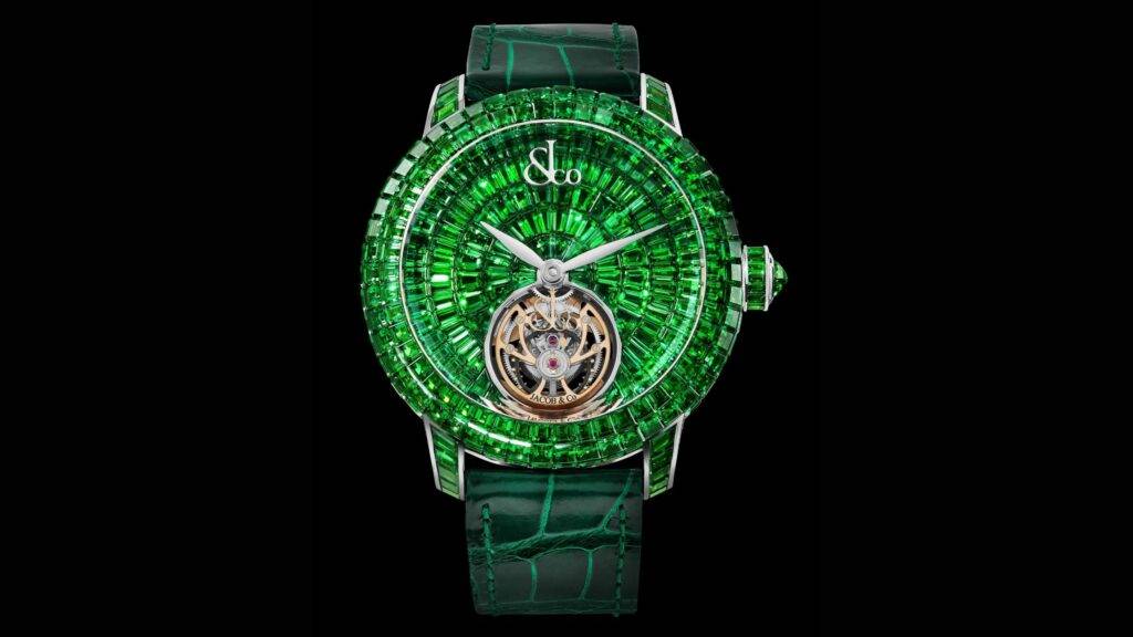 The Jacob & Co. Caviar Tourbillon Tsavorites je hodinky, ktoré predstavujú vrchol hodinárskeho umenia, spájajúc luxusné materiály, inovácie a precízne remeselné spracovanie. Tieto exkluzívne hodinky od renomovanej newyorskej značky Jacob & Co. sú nielen vizuálnym skvostom, ale aj technickým zázrakom. Srdcom tohto modelu je zložité tourbillon, ktorý je obklopený nádherným rámom zo vzácnych tsavoritov – drahokamov s ohromujúcou zelenou farbou. Ich jedinečný dizajn a technológia robia z Caviar Tourbillon Tsavorites nielen hodinky, ale aj umelecké dielo.