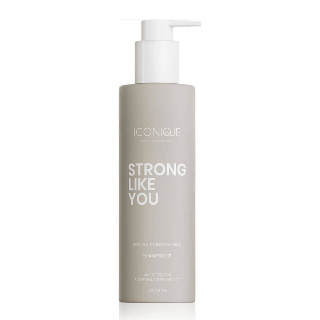 ICONIQUE Professional STRONG LIKE YOU Repair & Strengthening je profesionálny produkt na vlasy, ktorý sa zameriava na obnovu a posilnenie poškodených a oslabených vlasov. Tento regeneračný prípravok je ideálny pre vlasy, ktoré potrebujú intenzívnu starostlivosť a obnovu. Obsahuje špeciálne zložky, ktoré prenikajú do hĺbky vlasového vlákna a pomáhajú obnoviť jeho štruktúru, čím vlasy získavajú väčšiu pevnosť, lesk a odolnosť voči lámaniu.
