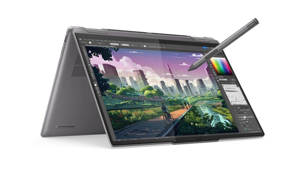 Lenovo Yoga 7 2-in-1 je výkonný a všestranný laptop, ktorý kombinuje flexibilitu konvertibilného dizajnu s modernými technológiami. S otočnou obrazovkou, ktorú možno premeniť na tablet, ponúka tento model ideálnu rovnováhu medzi mobilitou a produktivitou. Jeho elegantný vzhľad dopĺňa kvalitný displej a vynikajúca výdrž batérie, čo robí tento laptop ideálnym spoločníkom pre profesionálov, študentov a každého, kto potrebuje flexibilný počítač na prácu aj zábavu.